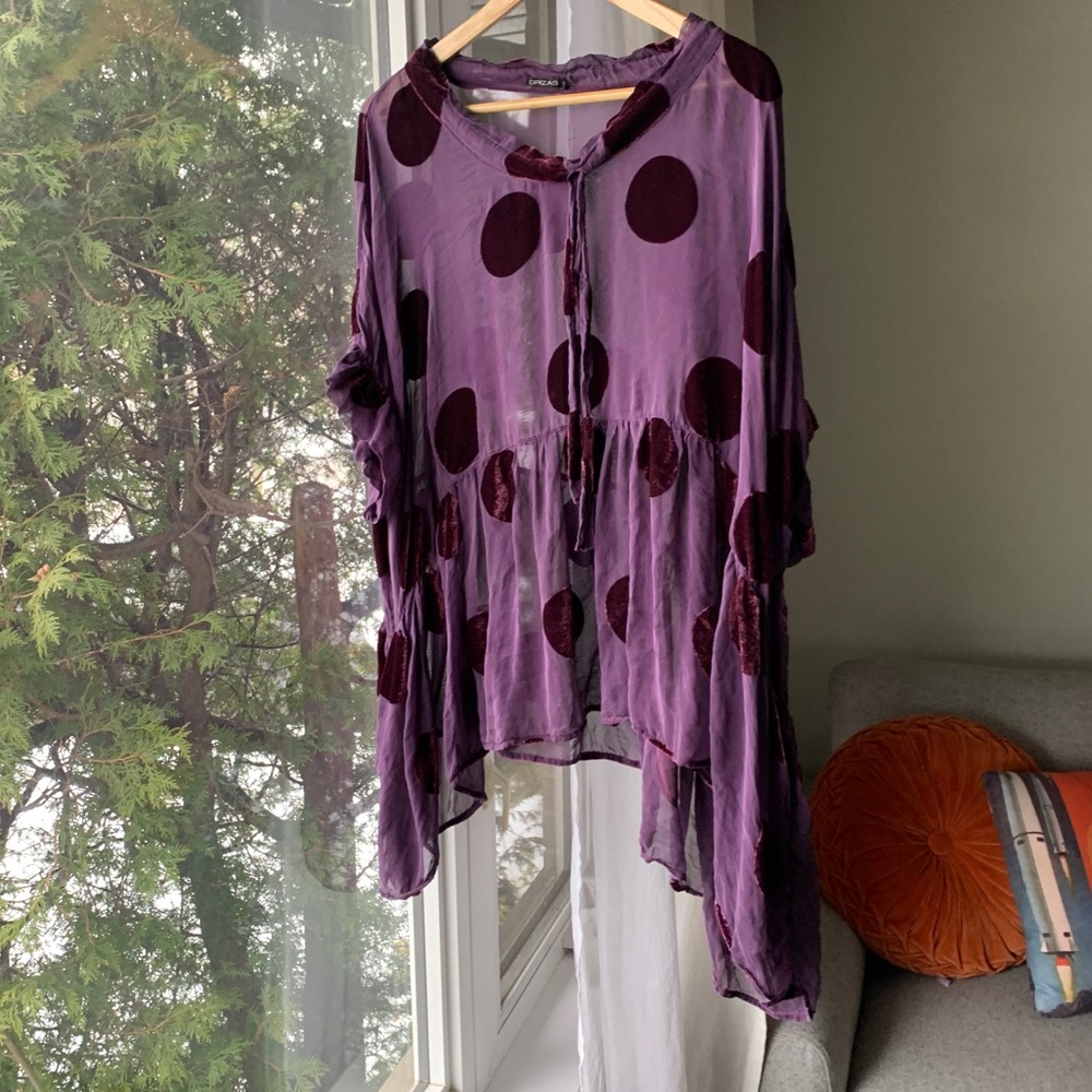 Grizas Oversized Silk Flowy Flared Purple Tunic Blouse with Velvet Polka Dots